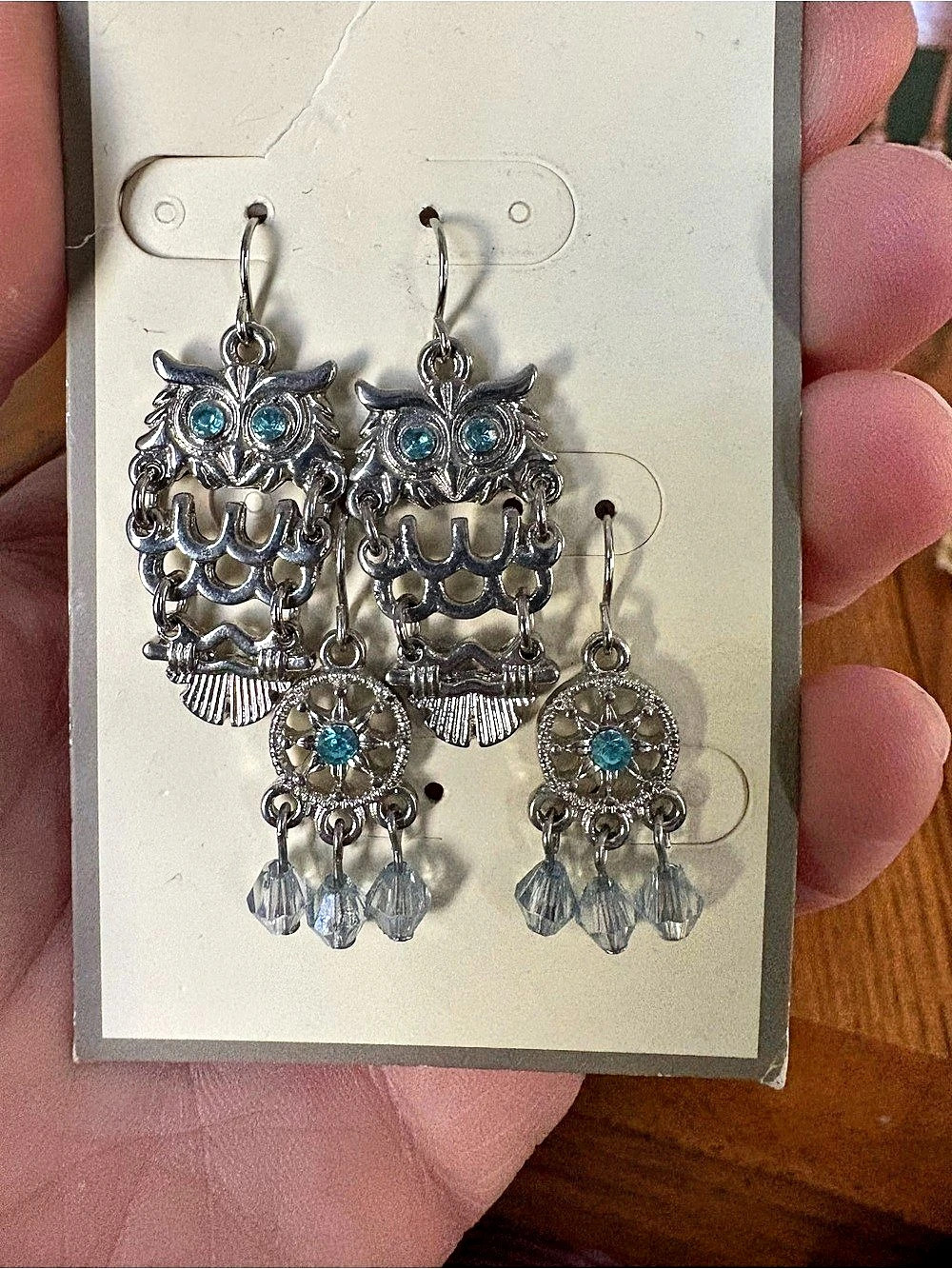 Owl & Crystal Dangle Earrings in Silver & Blue